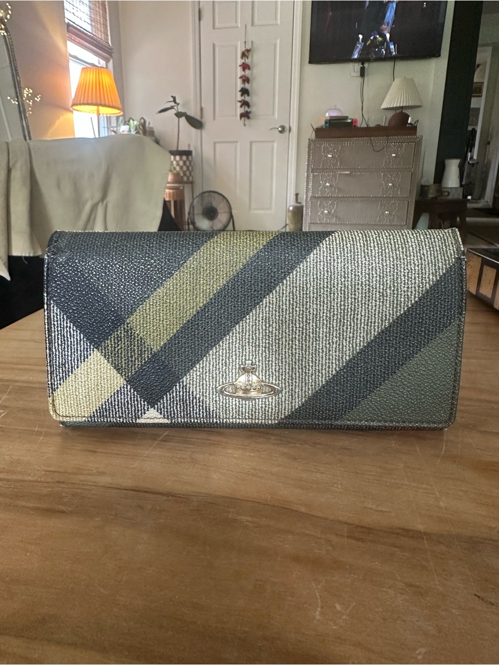 Vintage Vivienne Westwood Olive, Black Cream Diagonal Plaid  Wallet 4x7.5 as is